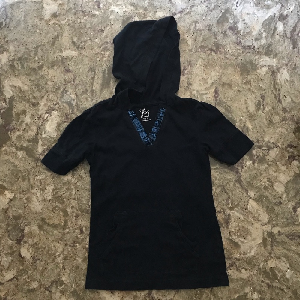1989 Place Navy Blue Short Sleeve Hooded Shirt with Sequins - Size XS 4
